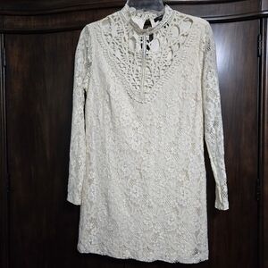 FOREVER 21 CREAM IVORY FLORAL LACE COQUETTE MINI DRESS LONG SLEEVE L